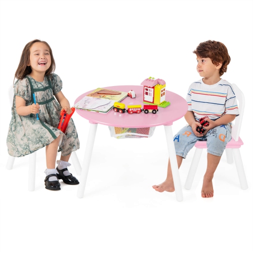 Costway Kids Wooden Round Table & 2 Chair Set w/ Center Mesh Storage