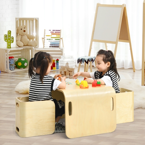 Costway 3 PCS Kids Wooden Table & Chair Set Children Multipurpose Homeschool Furniture Natural/Gray