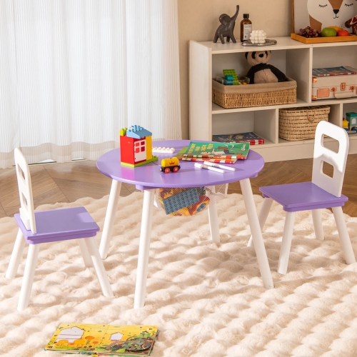 Costway Kids Wooden Round Table & 2 Chair Set w/ Center Mesh Storage