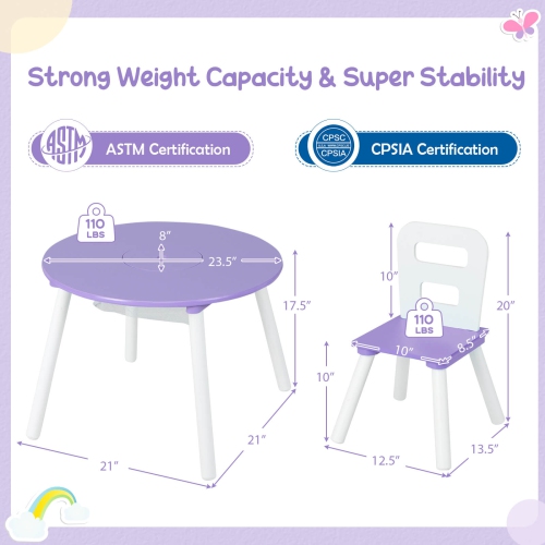 Costway Kids Wooden Round Table & 2 Chair Set w/ Center Mesh Storage