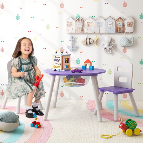 Costway Kids Wooden Round Table & 2 Chair Set w/ Center Mesh Storage