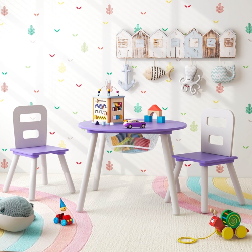Costway Kids Wooden Round Table & 2 Chair Set w/ Center Mesh Storage