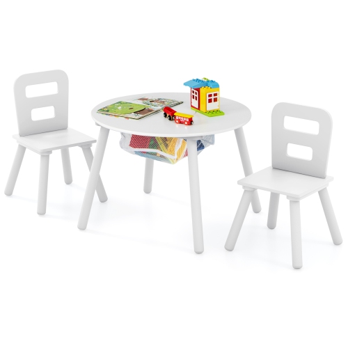 Costway Kids Wooden Round Table & 2 Chair Set w/ Center Mesh Storage
