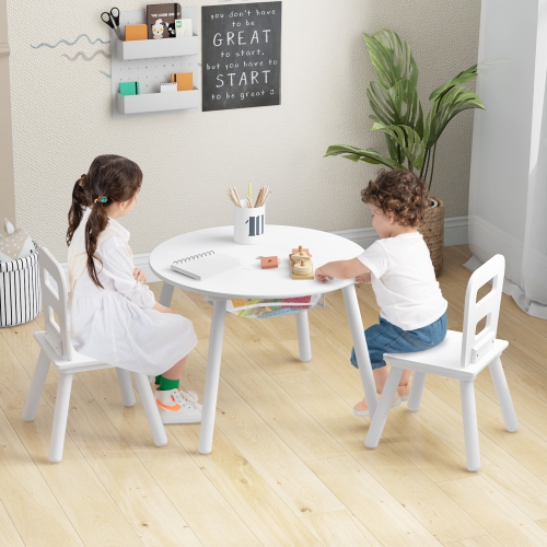 Costway Kids Wooden Round Table & 2 Chair Set w/ Center Mesh Storage