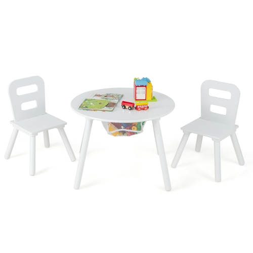 Costway Kids Wooden Round Table & 2 Chair Set w/ Center Mesh Storage