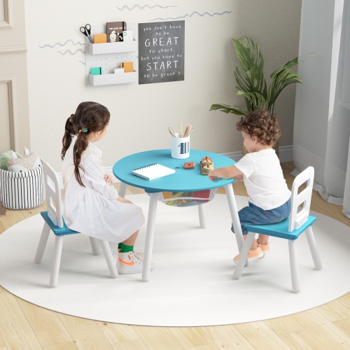 Costway Kids Wooden Round Table & 2 Chair Set w/ Center Mesh Storage