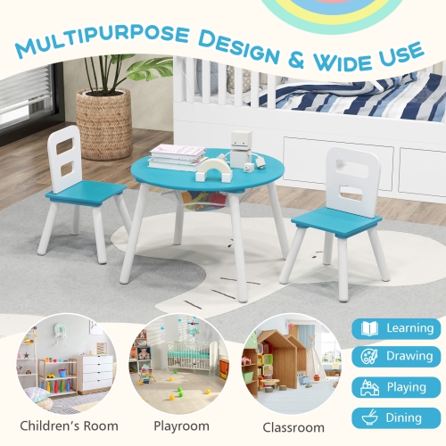Costway Kids Wooden Round Table & 2 Chair Set w/ Center Mesh Storage