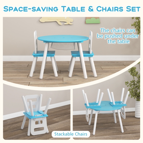 Costway Kids Wooden Round Table & 2 Chair Set w/ Center Mesh Storage