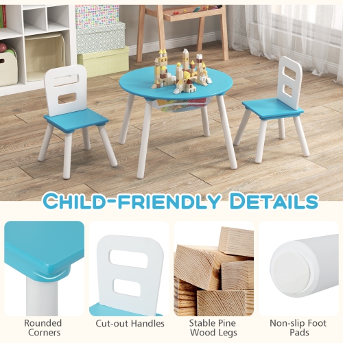 Costway Kids Wooden Round Table & 2 Chair Set w/ Center Mesh Storage
