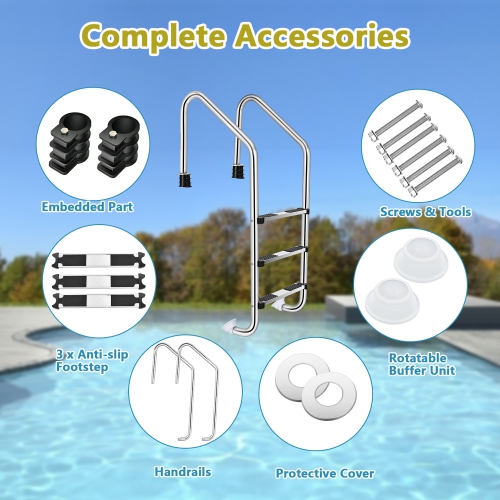 Costway Stainless Steel Swimming Pool Ladder In-Ground 3-Step w/ Anti-Slip Step