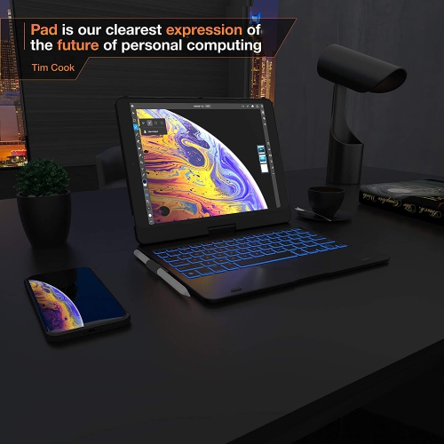 Typecase Keyboard Case for iPad 9th Gen 10.2" 2021 & 8th & 7th Gen, Air 3, Pro 10.5 - 10 Color Backlight Wireless Keyboard, 360° Rotatable Protective with Pencil Holder - Black