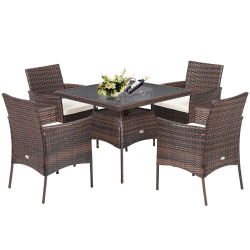 Costway 5PCS Patio Rattan Dining Furniture Set Armrest Sofa Chair Glass Table