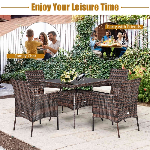 Costway 5PCS Patio Rattan Dining Furniture Set Armrest Sofa Chair Glass Table