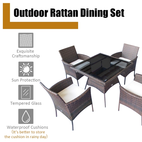 Costway 5PCS Patio Rattan Dining Furniture Set Armrest Sofa Chair Glass Table