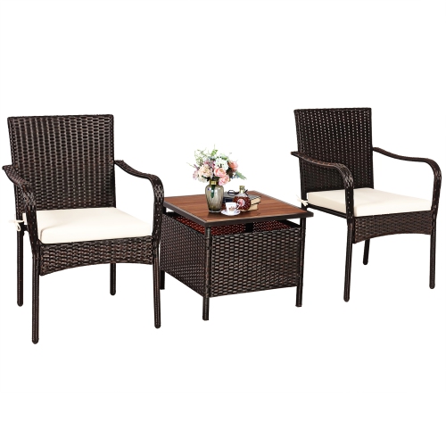 Costway 3PCS Patio Rattan Furniture Bistro Set Wood Side Table Stackable Chair