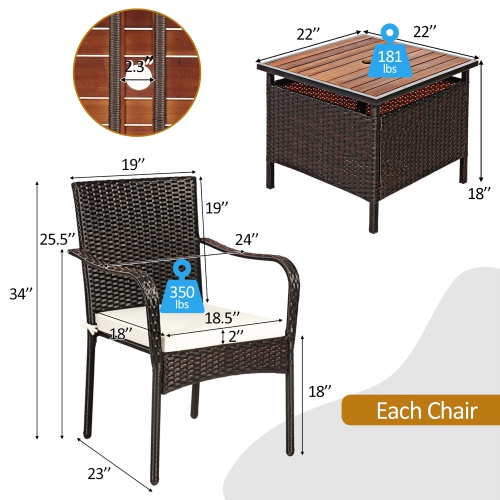 Costway 3PCS Patio Rattan Furniture Bistro Set Wood Side Table Stackable Chair