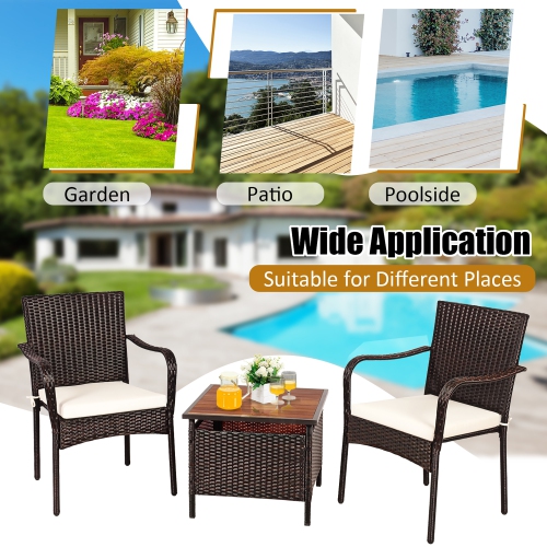 Costway 3PCS Patio Rattan Furniture Bistro Set Wood Side Table Stackable Chair