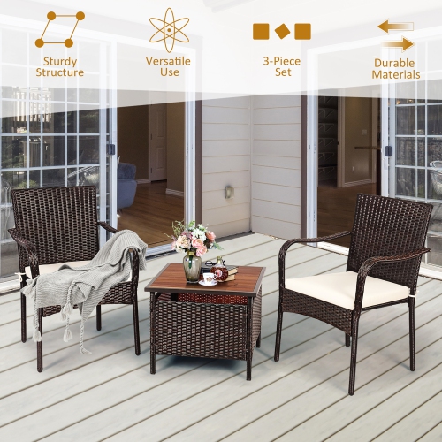 Costway 3PCS Patio Rattan Furniture Bistro Set Wood Side Table Stackable Chair
