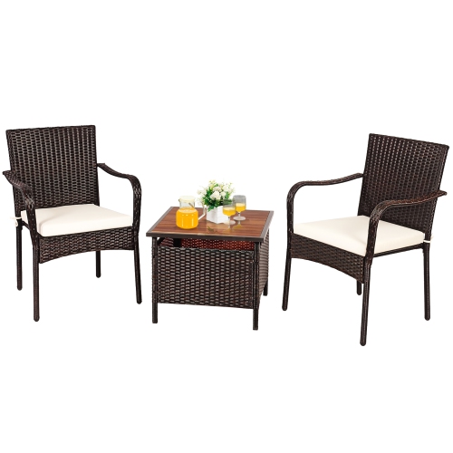 Costway 3PCS Patio Rattan Furniture Bistro Set Wood Side Table Stackable Chair