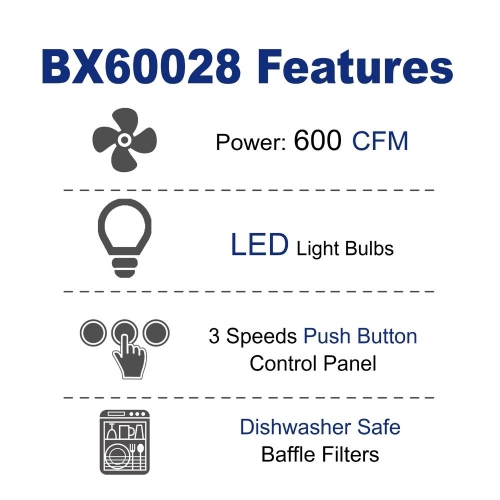 Cyclone 28" 600 CFM LED lights Insert Range Hood - Stainless Steel