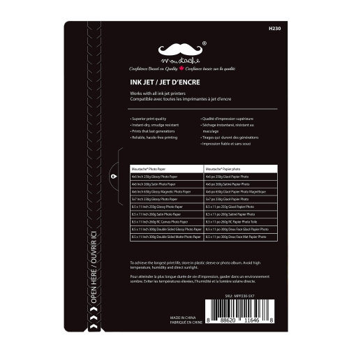 Papier photo glacé de Moustache, 50 feuilles/paquet, 230 GSM - 5 x 7 po