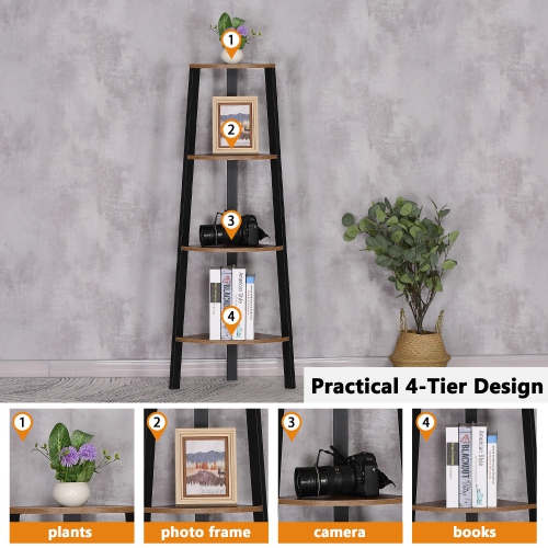 49.5-Inch High 4-Tier Antique Wood Corner Ladder Shelf, Bookcase Storage Rack Shelves with Steel Frame Display Stand Organizer