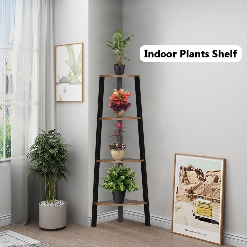 49.5-Inch High 4-Tier Antique Wood Corner Ladder Shelf, Bookcase Storage Rack Shelves with Steel Frame Display Stand Organizer