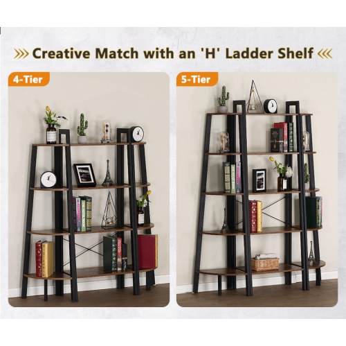 49.5-Inch High 4-Tier Antique Wood Corner Ladder Shelf, Bookcase Storage Rack Shelves with Steel Frame Display Stand Organizer