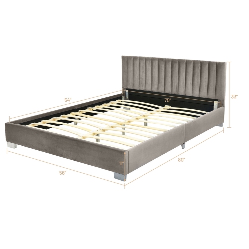 Gymax Full Tufted Upholstered Platform Bed Frame Flannel Headboard Light Grey