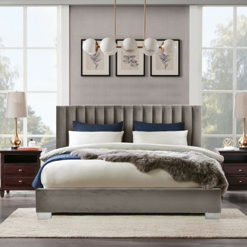 Gymax Full Tufted Upholstered Platform Bed Frame Flannel Headboard Light Grey