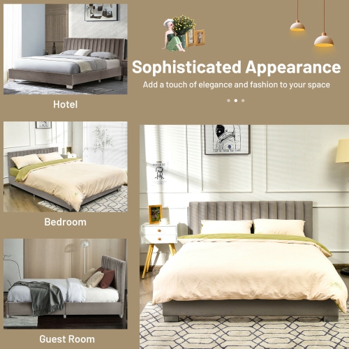 Gymax Full Tufted Upholstered Platform Bed Frame Flannel Headboard Light Grey