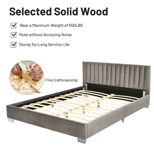 Gymax Full Tufted Upholstered Platform Bed Frame Flannel Headboard Light Grey