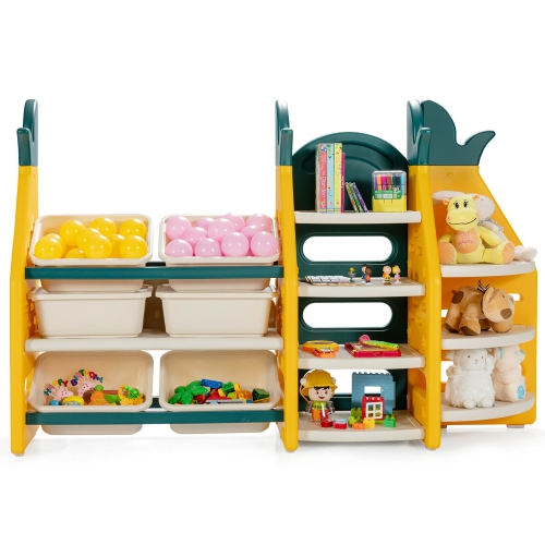 Gymax 3-in-1 Kids Toy Storage Organizer Bookshelf Corner Rack w/ Plastic Bins