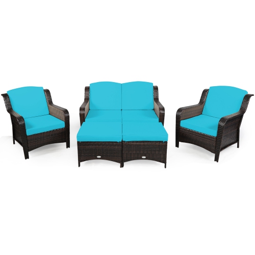Gymax 5PCS Rattan Patio Conversation Sofa Furniture Set Outdoor w/ Turquoise Cushions