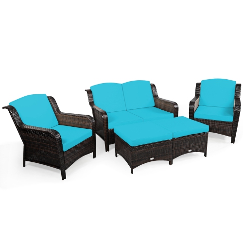 Gymax 5PCS Rattan Patio Conversation Sofa Furniture Set Outdoor w/ Turquoise Cushions