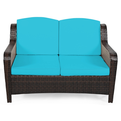 Gymax 5PCS Rattan Patio Conversation Sofa Furniture Set Outdoor w/ Turquoise Cushions