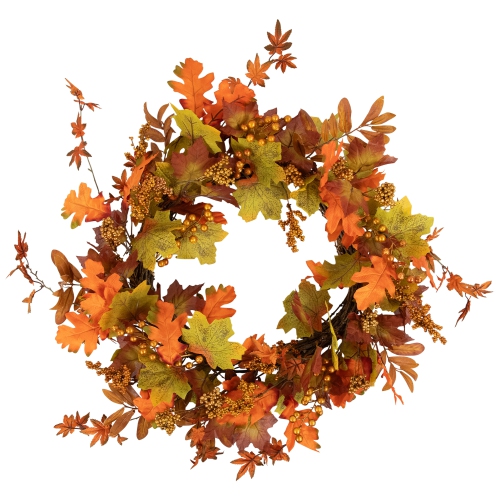Fall Harvest Gold Berries and Autumn Leaves Artificial Twig Wreath - 22-Inch, Unlit