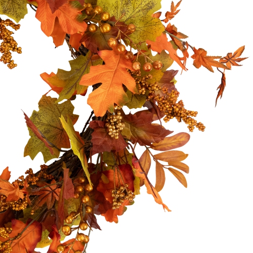 Fall Harvest Gold Berries and Autumn Leaves Artificial Twig Wreath - 22-Inch, Unlit