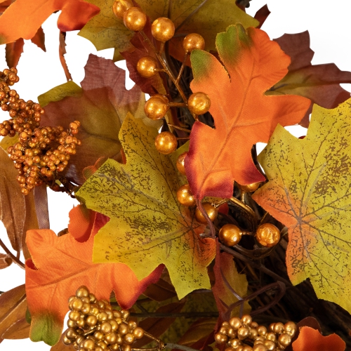 Fall Harvest Gold Berries and Autumn Leaves Artificial Twig Wreath - 22-Inch, Unlit