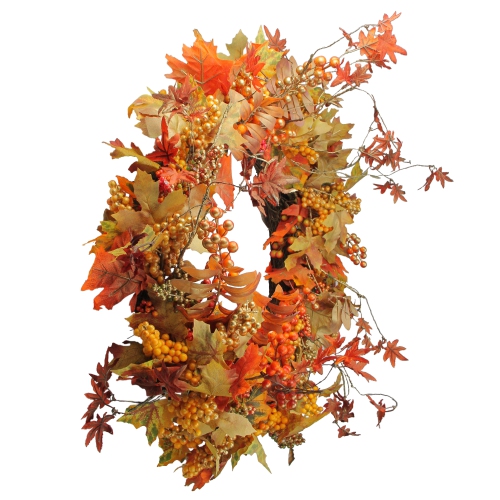 Fall Harvest Gold Berries and Autumn Leaves Artificial Twig Wreath - 22-Inch, Unlit