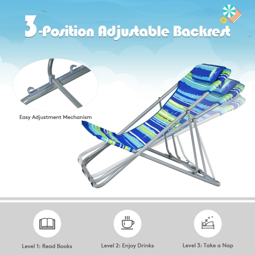 Costway Set of 2 Beach Chair Portable 3-Position Lounge Chair w/ Headrest