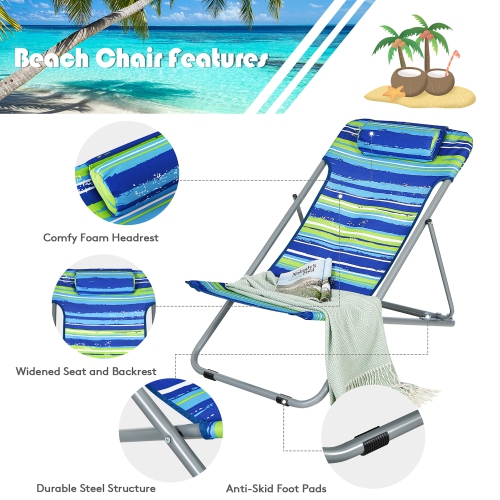 Costway Set of 2 Beach Chair Portable 3-Position Lounge Chair w/ Headrest