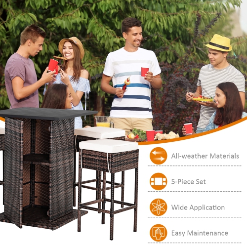 Costway 5PCS Patio Rattan Bar Table Stool Set Hidden Storage Shelf Cushioned