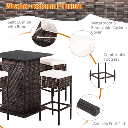 Costway 5PCS Patio Rattan Bar Table Stool Set Hidden Storage Shelf Cushioned