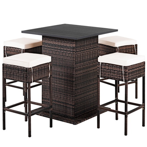 Costway 5PCS Patio Rattan Bar Table Stool Set Hidden Storage Shelf Cushioned