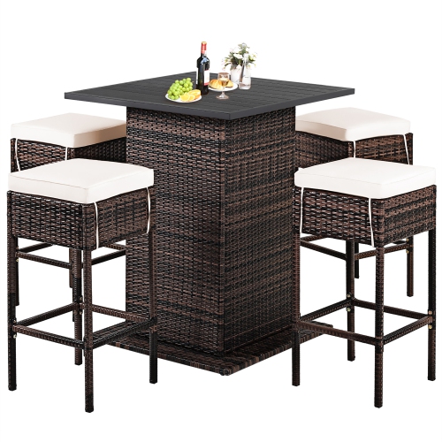 Costway 5PCS Patio Rattan Bar Table Stool Set Hidden Storage Shelf Cushioned