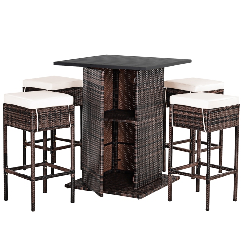 Costway 5PCS Patio Rattan Bar Table Stool Set Hidden Storage Shelf Cushioned