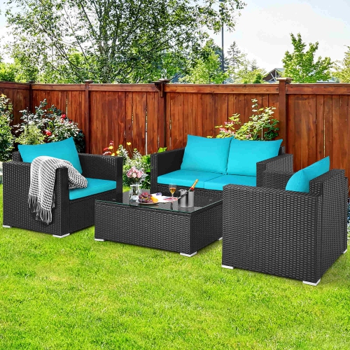 Image 1 of 10.. Costway 4PCS Patio Rattan Cushioned Sofa Chair Coffee Table Turquoise
