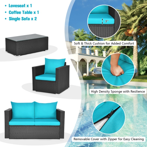 Costway 4PCS Patio Rattan Cushioned Sofa Chair Coffee Table Turquoise
