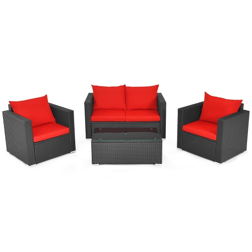 Marque Costway Ensemble de meubles de patio en rotin 4 pièces 1 Canapé 2 Fauteuils avec coussins 1 Table basse Rouge